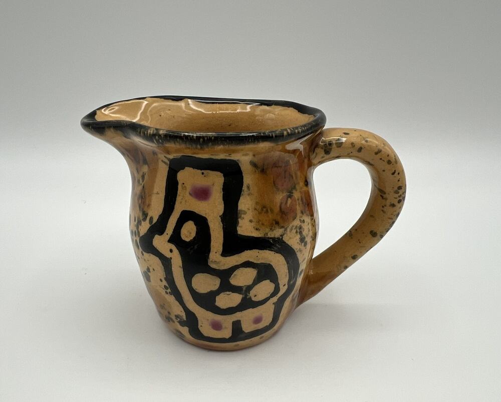 Kazuri Kenya Handmade Art Pottery Small Tan & Black Creamer Pitcher 3” Signed
